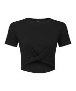 A black Twist Crop Top featuring a fitted design and a knotted front detail. It has a simple, sleek style.