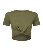 A cropped top in olive green with a twisted front design and short sleeves. It features a simple logo tag.