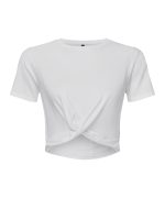 A white twisted crop top with a round neckline and short sleeves. It has a smooth, fitted design and a central twist detail.
