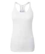 A white seamless sports vest featuring a racerback design and a ribbed texture. It has a small logo on it.