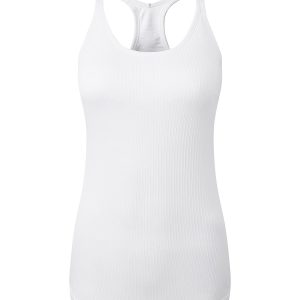 A white seamless sports vest featuring a racerback design and a ribbed texture. It has a small logo on it.