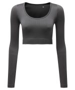A ribbed, seamless, long-sleeve crop top in dark grey with a rounded neckline and fitted design.