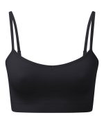 A black seamless sport bra with thin straps and a fitted design. It features a branding logo on the front.