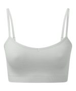 A white seamless sport flex bra with thin straps and a fitted design. It features a logo on the band.