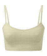 A light yellow, seamless sports bra with thin straps and a fitted design. It features a logo on the side.