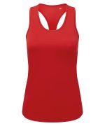 A red slim racerback vest made from recycled materials, featuring a subtle logo on the front.