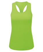 A bright green slim racerback vest featuring a stylish cut and a logo on the front.