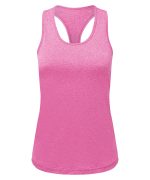 A pink slim racerback vest made from recycled materials, featuring a stylish design and a logo.