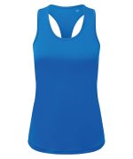 A blue slim racerback vest made from recycled material, featuring a logo.