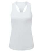 A white slim racerback vest made from recycled performance fabric, featuring a logo on the front.