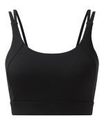 A black sports bra with a crossback design, featuring thin adjustable straps and a simple, sleek style.