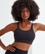 A black sports bra with a crossback design, featuring adjustable straps and a fitted silhouette.