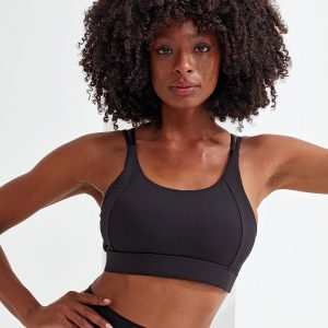 A black sports bra with a crossback design, featuring adjustable straps and a fitted silhouette.