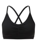 A black ruched sports bra with a cross-back design and a smooth, fitted appearance. It features a small logo.