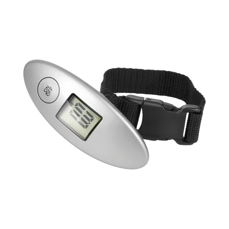 A silver travel scale with a digital display and a black strap for easy handling. Weight Lifter Travel Scale - Image 1