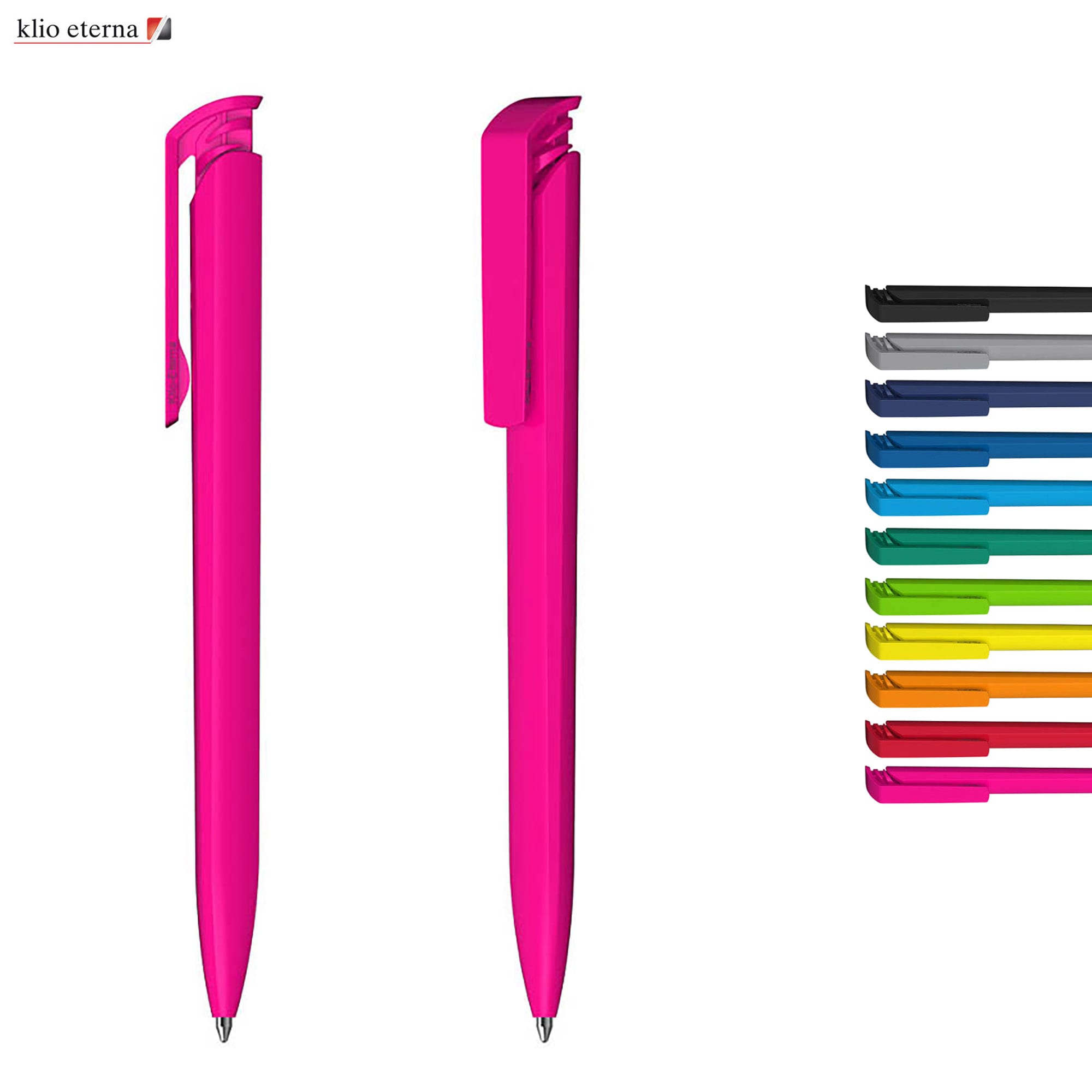 Two pink plastic pens are displayed, next to a range of pens in various colours, with a logo on the top left. Trias Solid High Gloss - Image 1