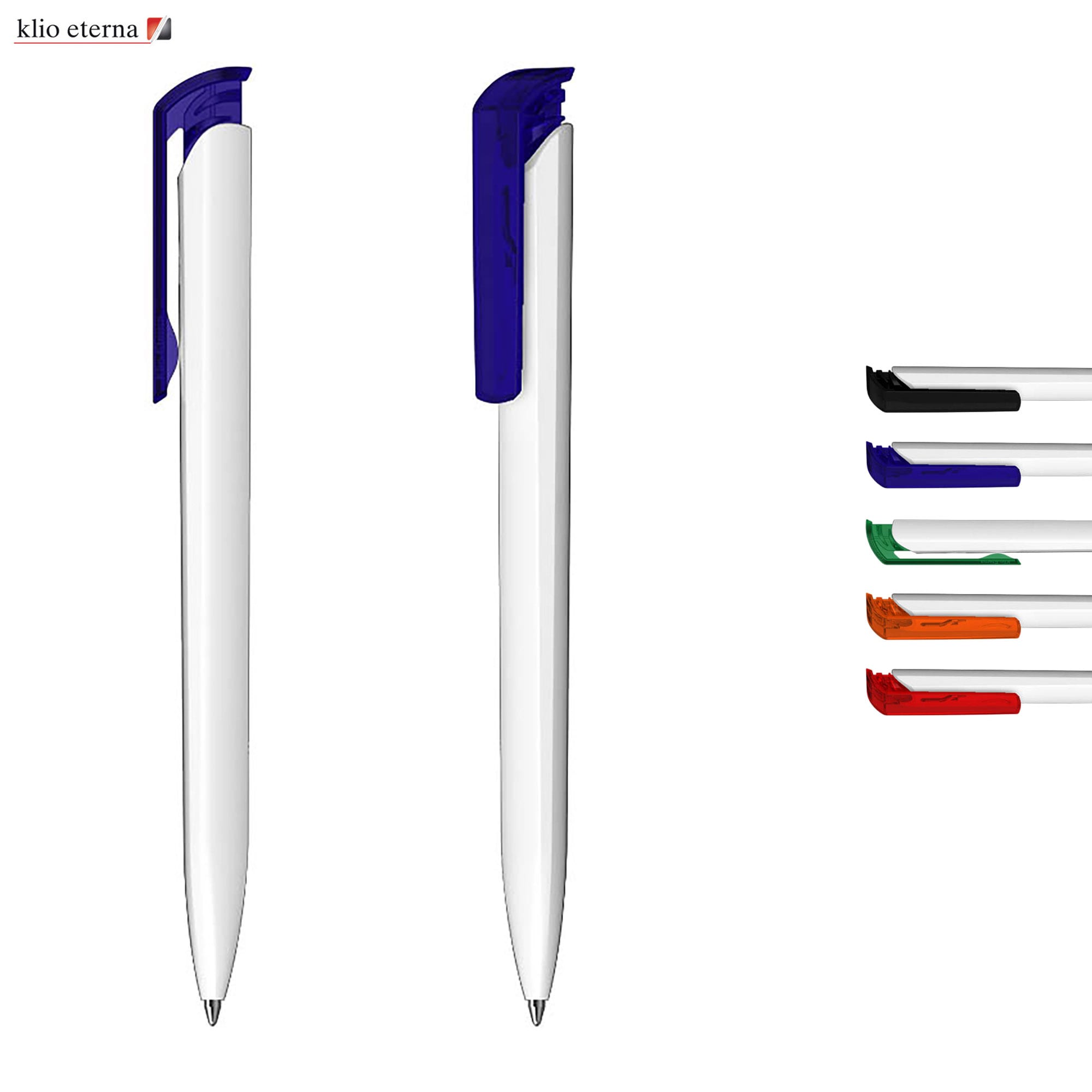 A collection of plastic pens in white with coloured clips, including blue, orange, green, black, and red. Features branding. Trias Mix - Image 1