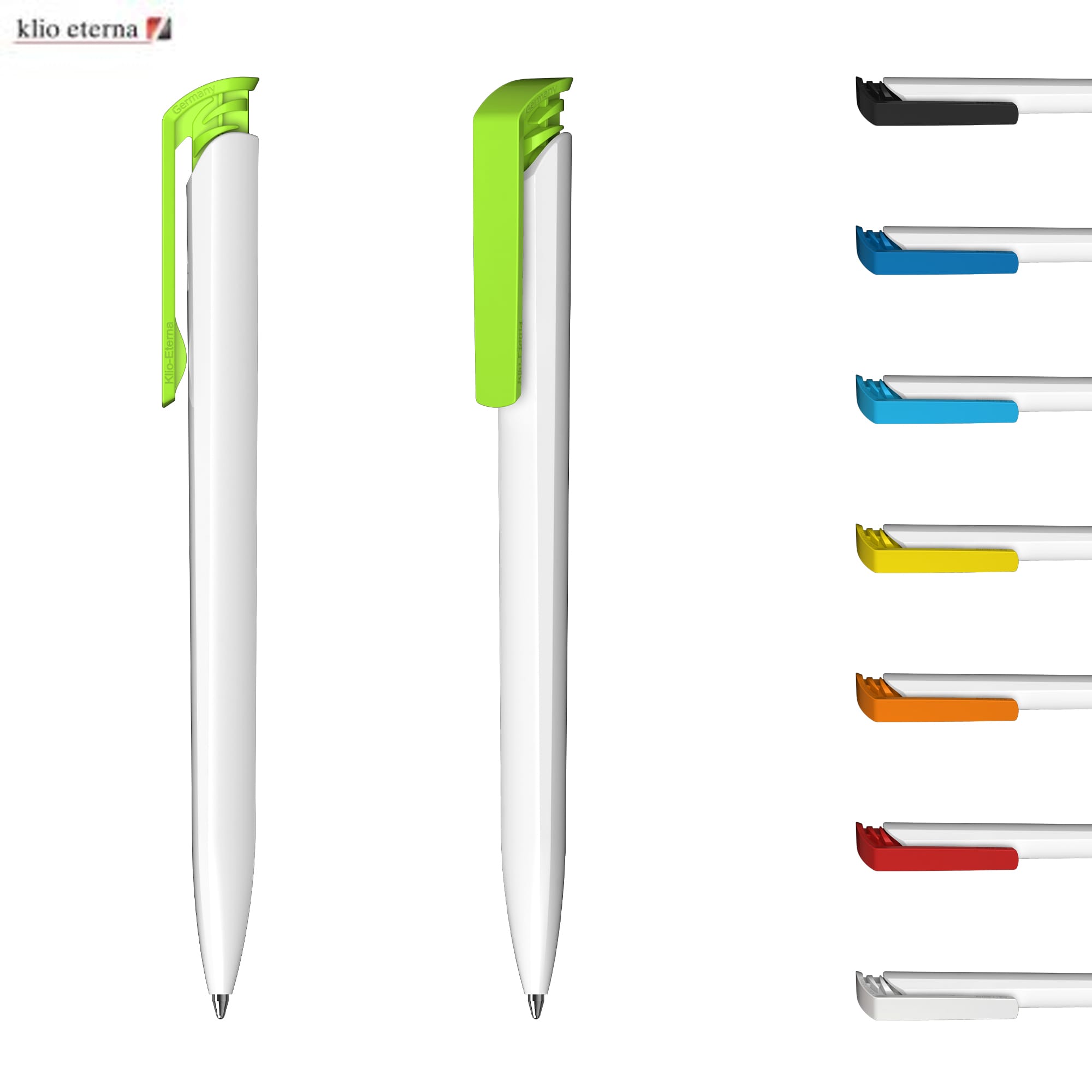 A set of plastic pens featuring a white body with colourful clips, including green, blue, orange, and red. Trias Recycling Antibacterial - Image 1