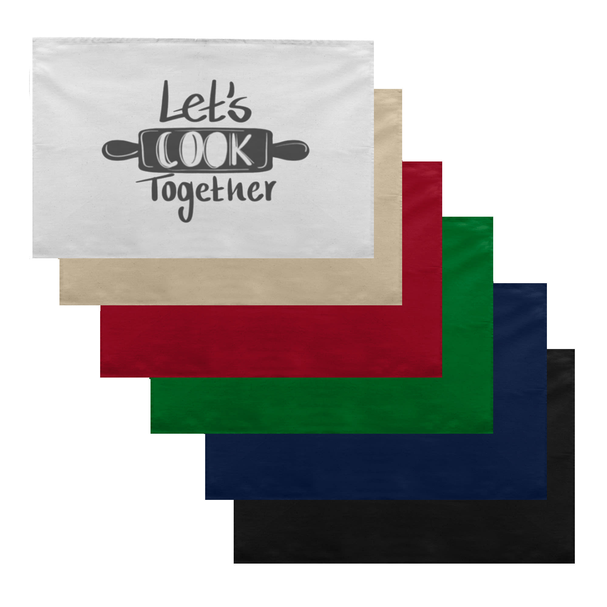 A set of cotton tea towels in various colours: white, beige, red, green, and navy, with a graphic design. Cotton Tea Towel - Image 1
