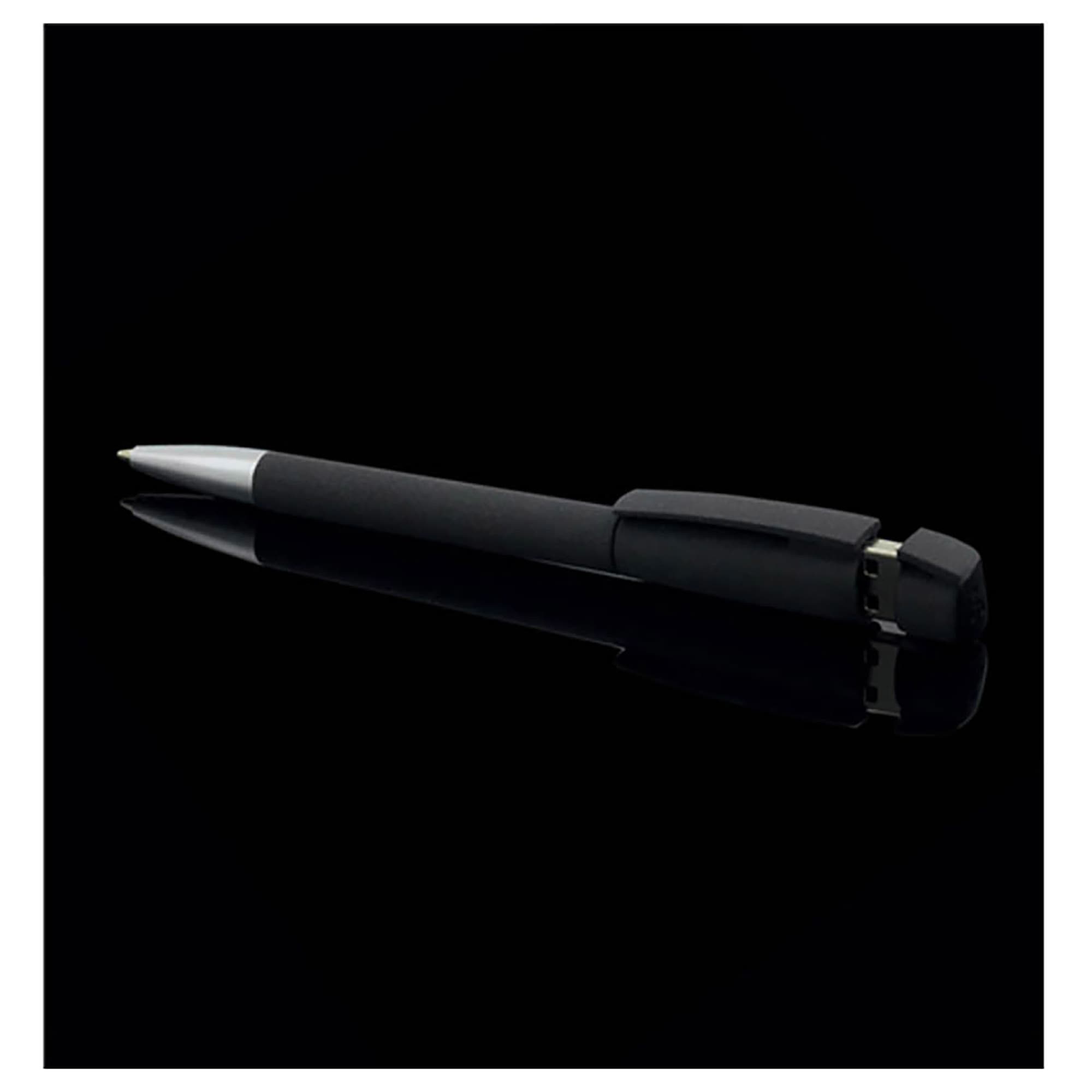 A black USB pen with a soft grip, featuring a silver accent and a logo. USB Pen 16GB Soft grip - Image 1