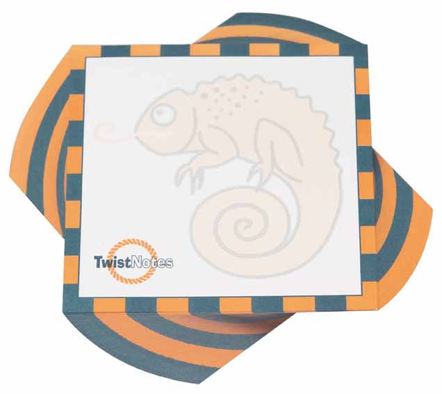 A 100x100mm twist note pad featuring three colours: orange, grey, and white, with a logo and a seahorse design. A 100x100mm twist note pad featuring three colours: orange, grey, and white, with a logo and a seahorse design.
