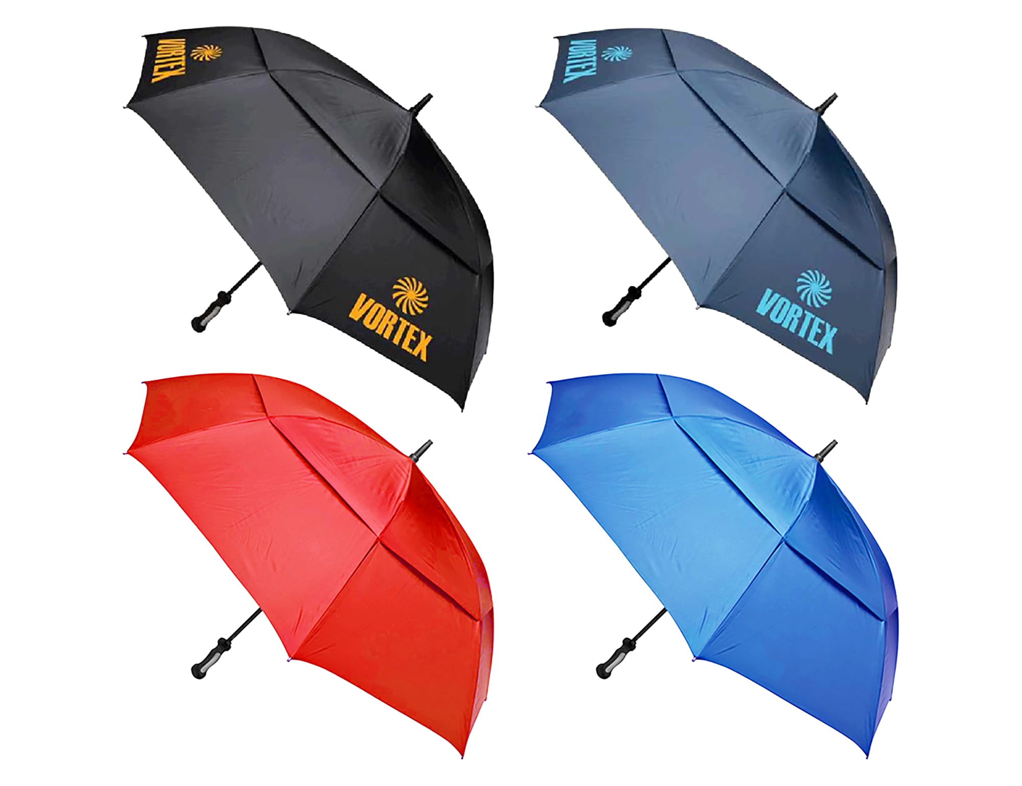 A collection of four umbrellas in black, blue, red, and grey, each featuring a logo or branding. Blizzard 30" Auto Golf Umbrella - Image 1