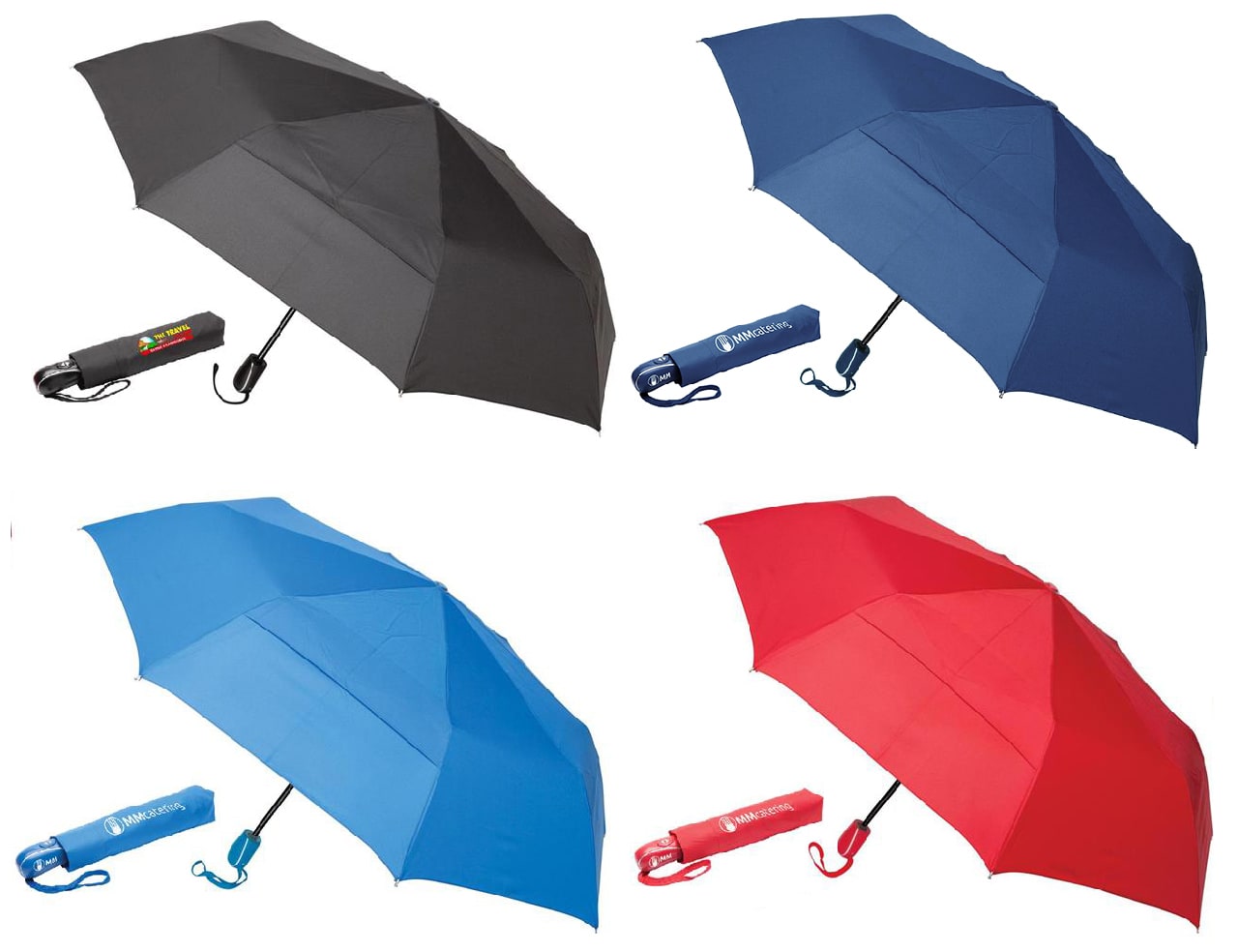 A collection of four umbrellas in black, navy blue, light blue, and red, each with a matching branded sleeve. Genie Auto Open/Close Umbrella - Image 1