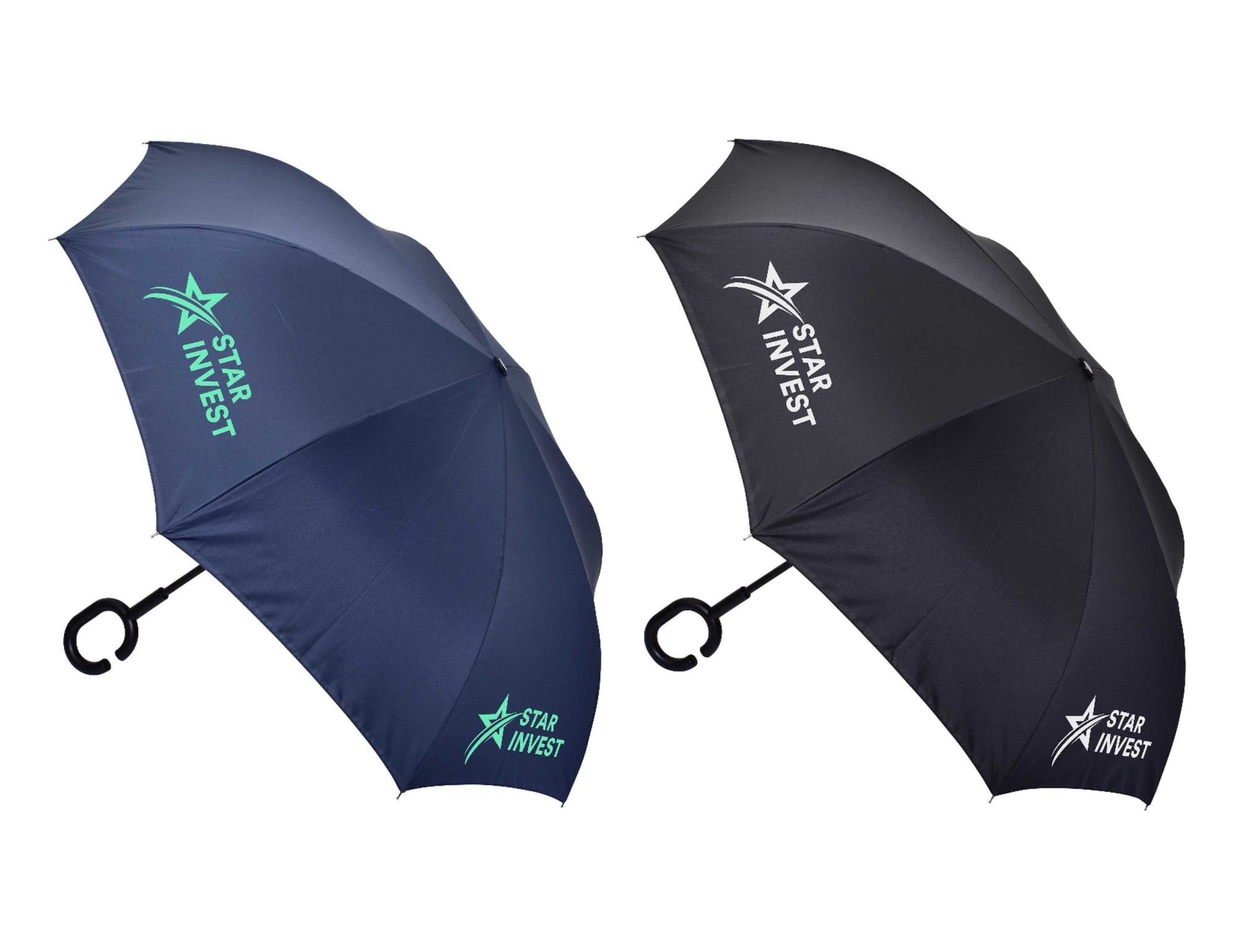 A navy and black inverter umbrella with a C handle, featuring branding on both canopies. The Inverter Umbrella with C Handle - Image 1
