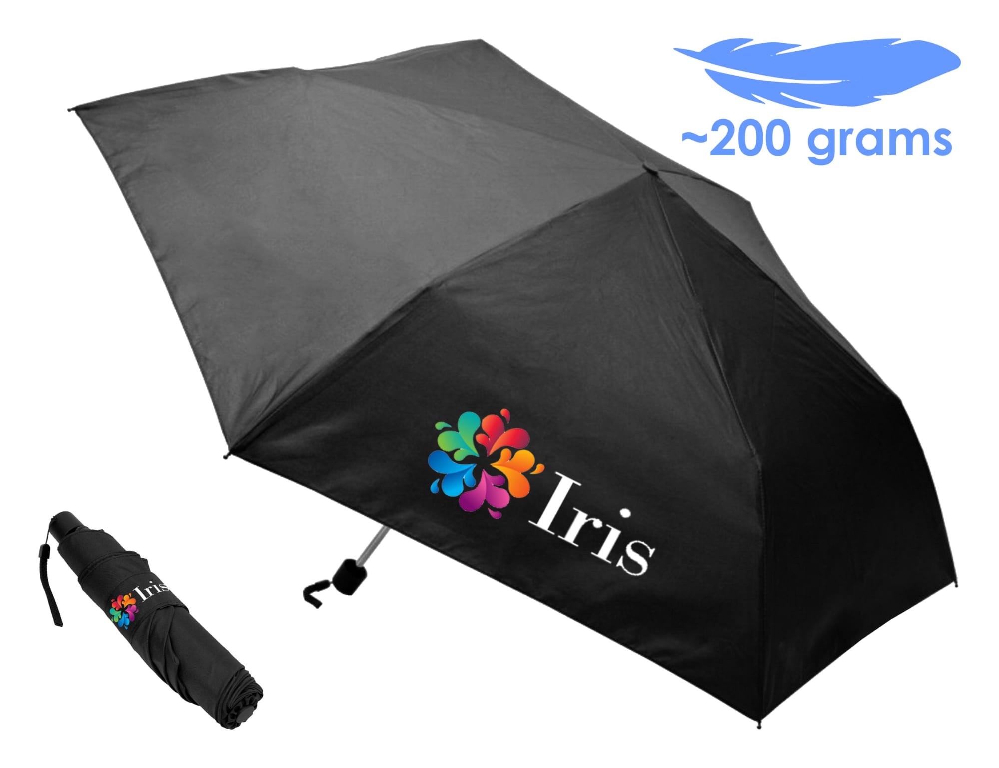 A black pocket umbrella with a floral logo and a compact design for easy storage. Weighs approximately 200 grams. TravLite Pocket Umbrella - Image 1