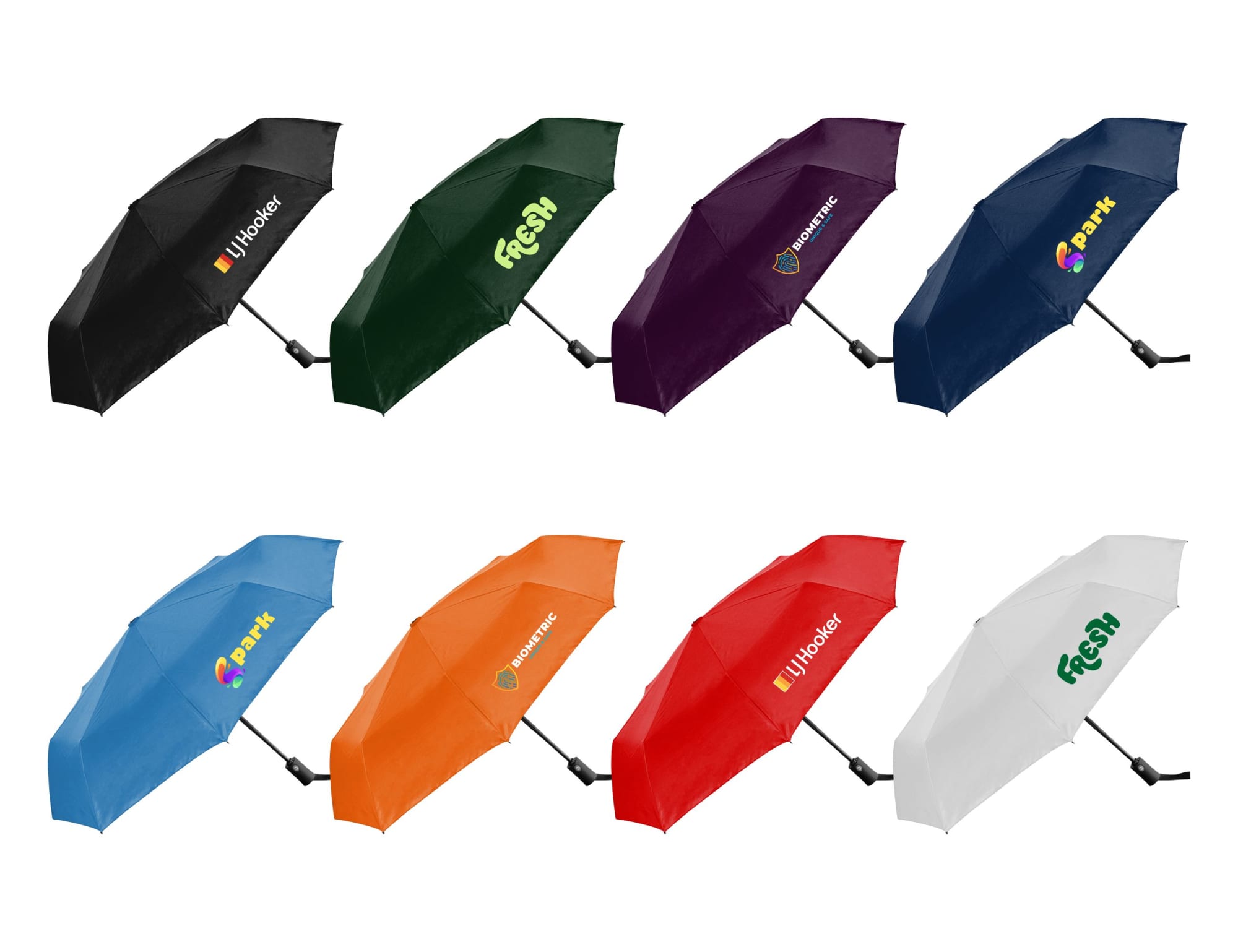 A collection of Como Fold-Up Umbrellas in black, green, purple, navy, orange, and white, featuring various logos. Como Fold-Up Umbrella - Image 1