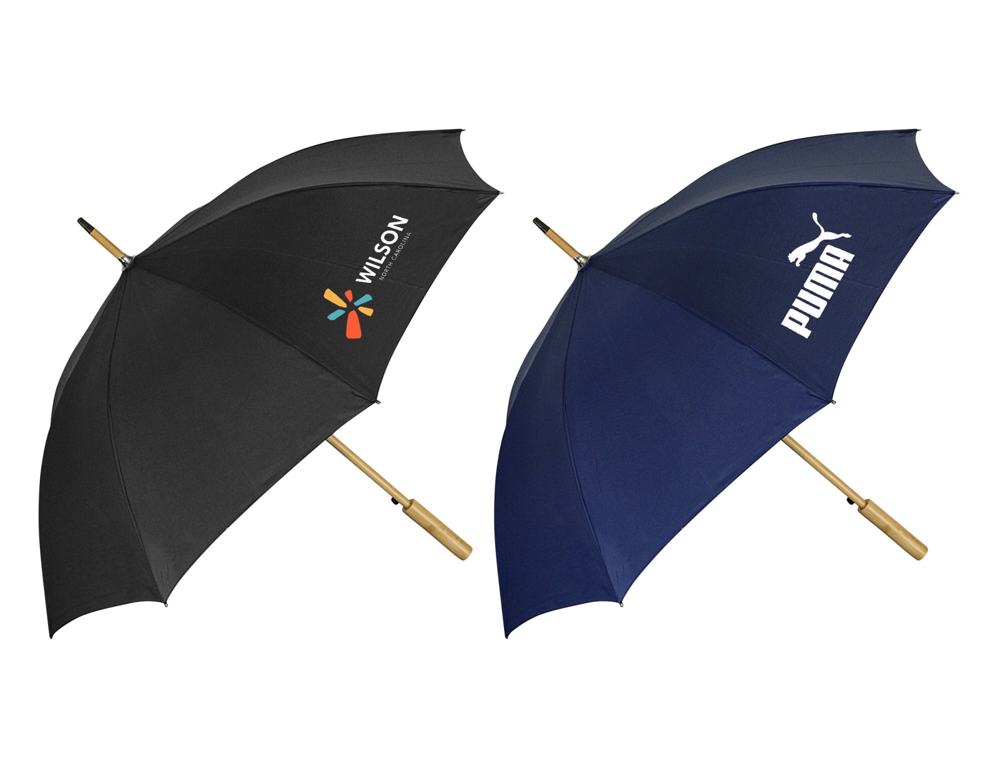 A black and a navy RPET umbrella with wooden handles, each featuring a logo. Urban 24" RPET Umbrella - Image 1