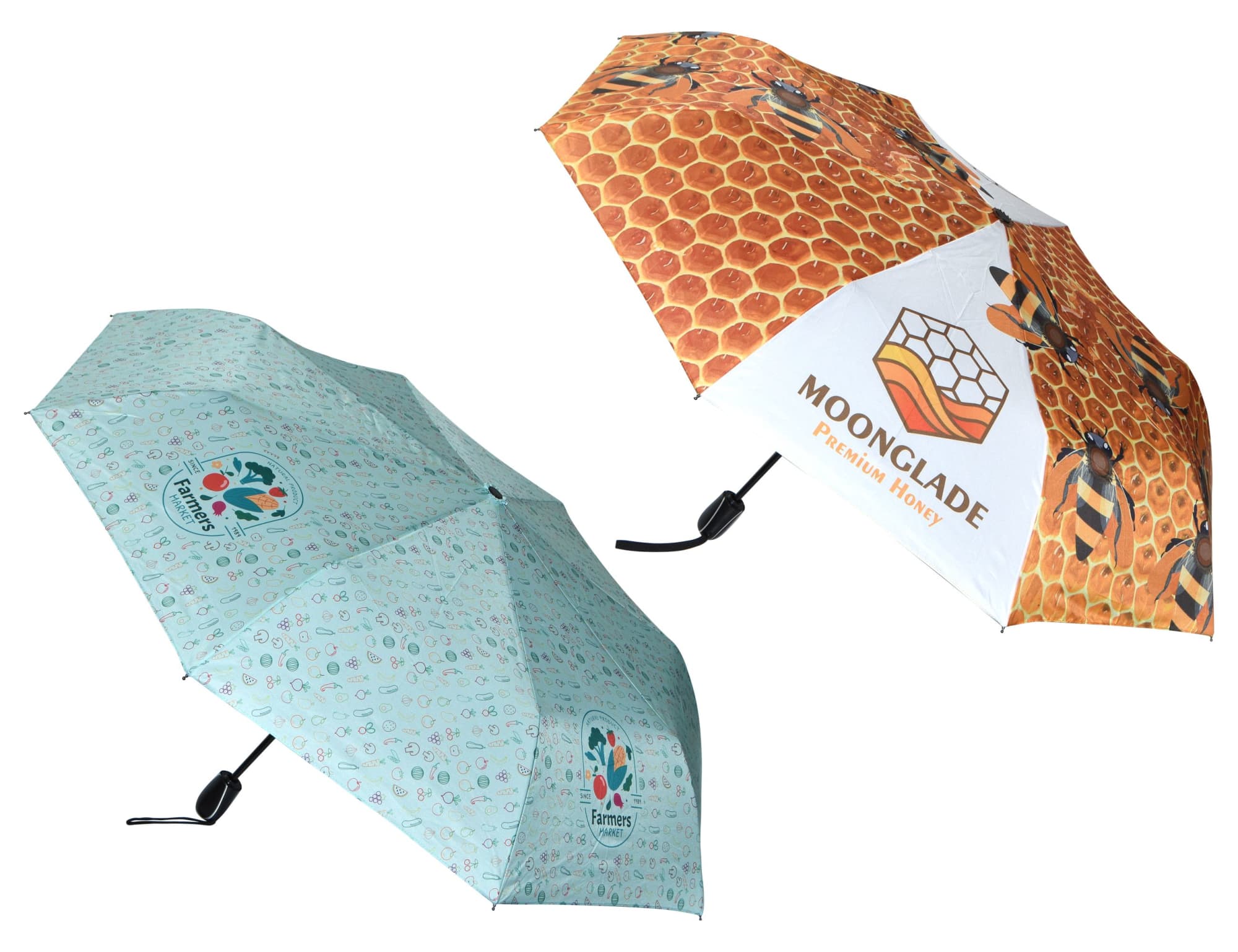 A full-colour umbrella featuring a honeycomb design and a pattern with small colourful icons. It has a logo on one panel. Designa Full Colour Genie Umbrella - Image 1