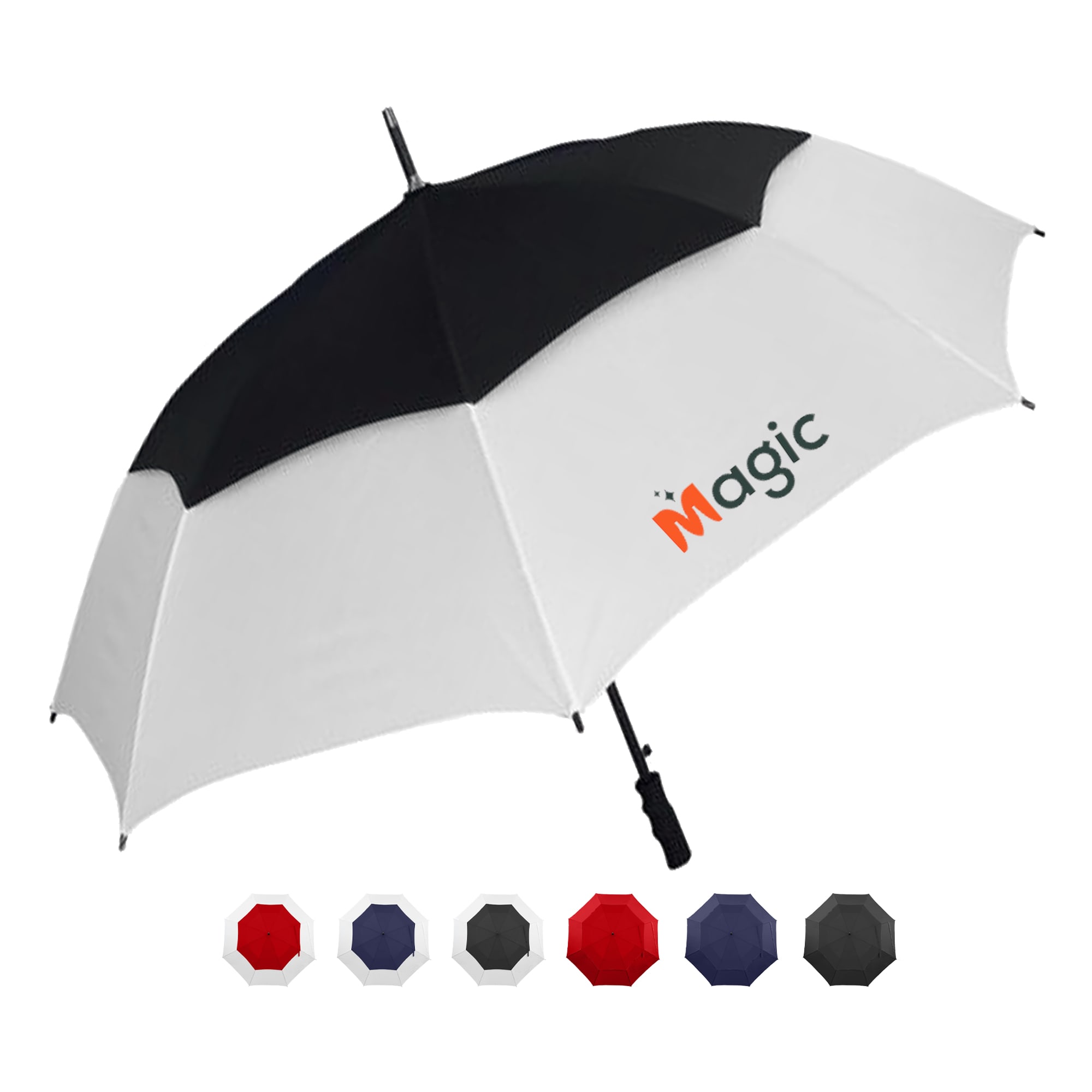 A black and white umbrella with a logo, featuring various colour options displayed below. Links Umbrella - Image 1