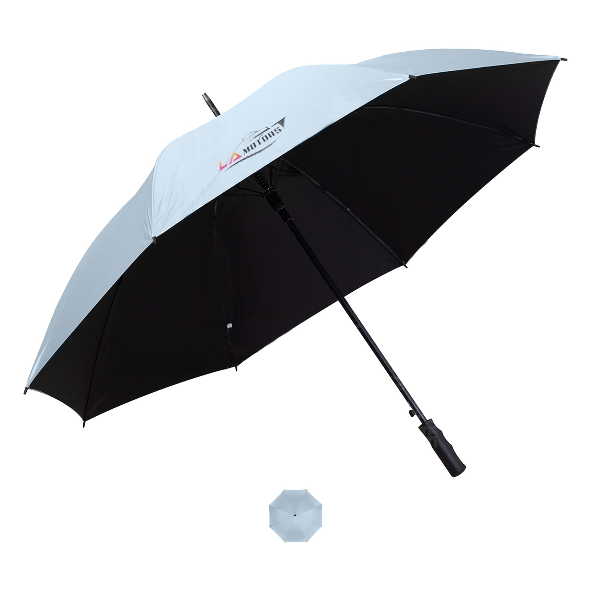 A silver and black umbrella featuring a logo, designed for leisure and outdoor use. Sands Umbrella – Silver - Image 1