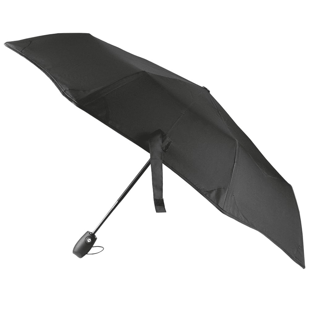 A black tipless umbrella with a sleek design, featuring a handle and a minimalist look. It has a branding logo. 21" Recycled Tipless Umbrella - Image 1