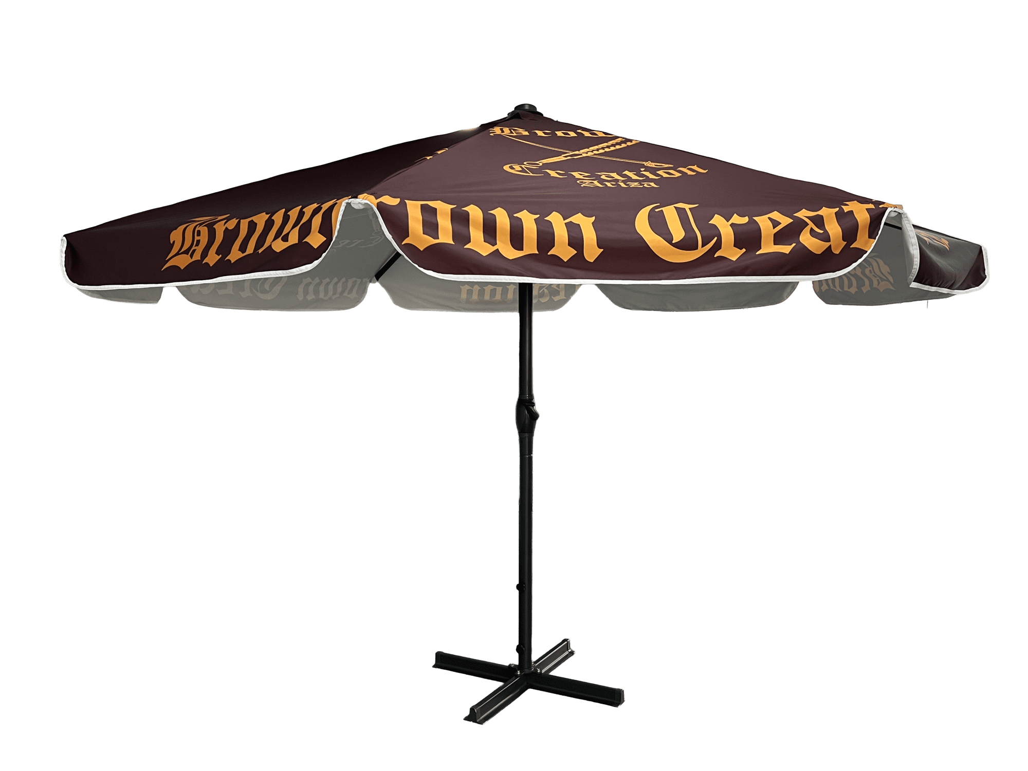 A market umbrella with a dark brown and cream canopy, featuring a logo on the fabric and a sturdy black base. Market Umbrella Valance 4m x 4m - Image 1
