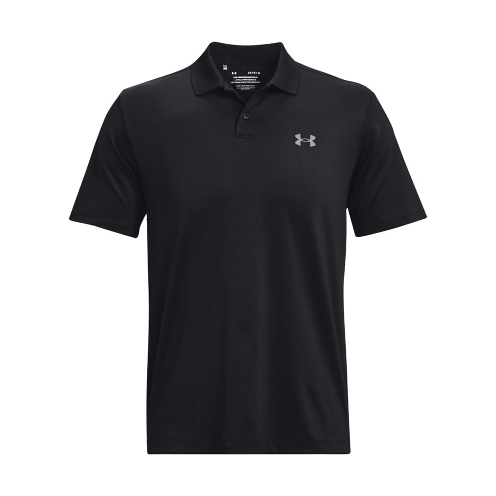 A black polo shirt featuring a logo on the chest. Designed for men's performance wear. A black polo shirt featuring a logo on the chest. Designed for men's performance wear.