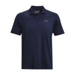 A navy polo shirt with a collar and short sleeves featuring a logo on the left chest area.