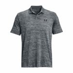A grey striped men's polo shirt with a collar and a small logo on the chest.