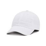 A white adjustable cap with a curved brim and ventilation holes, featuring a branding logo.