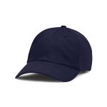 A navy blue adjustable cap featuring a structured design and a logo on the front.