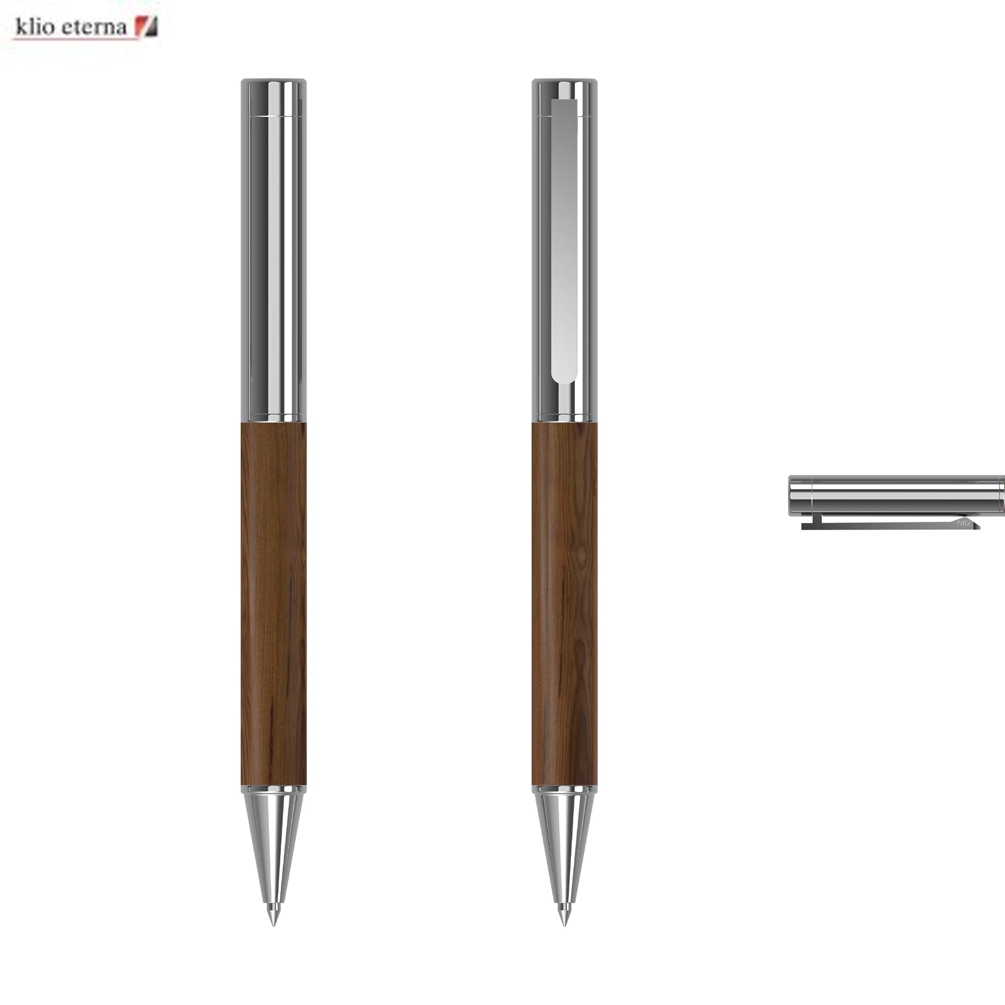 A metal pen featuring a polished silver finish and a dark wood grip, with a clip and branding logo. Unique Wood MMc - Image 1