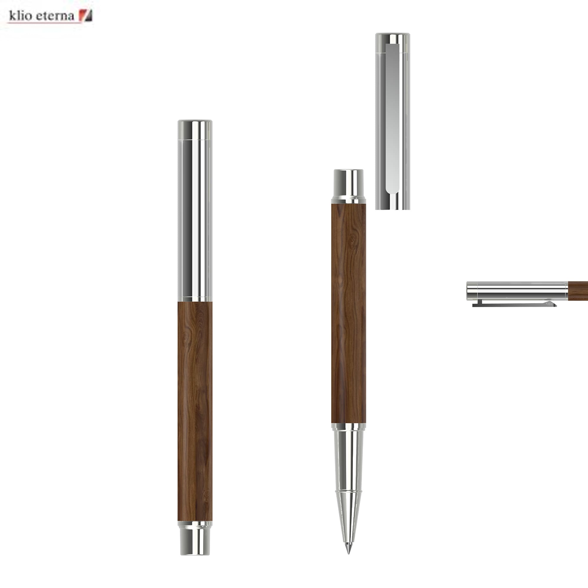 A rollerball pen featuring a sleek metal design with a wooden midsection and silver accents, along with a branding logo. Unique Rollerball Wood MMc - Image 1
