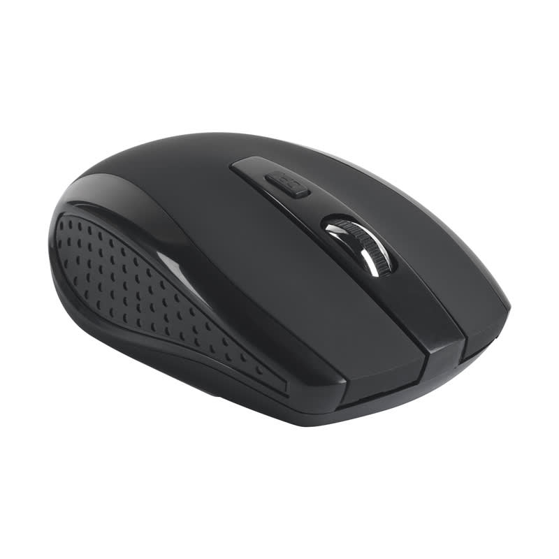 A black wireless mouse featuring a scroll wheel and side buttons, with a textured grip on the underside. Optica Wireless Mouse - Image 1