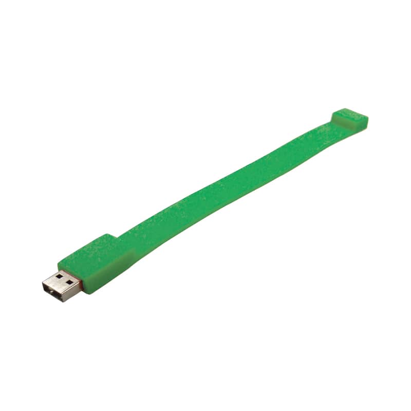 A green silicone wristband with a USB connector at one end, featuring a logo. USBrace Silicone Wrist Band (M) - Image 1
