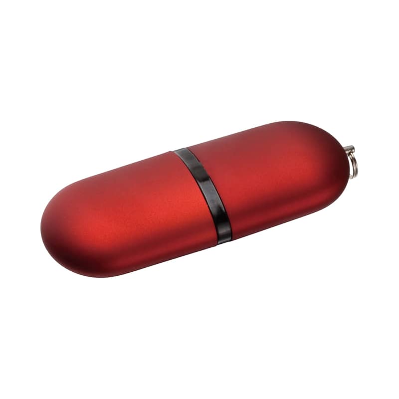 A red, oval-shaped flash drive with a sleek, matte finish and a black band in the centre. The Stone Flash Drive - Image 1