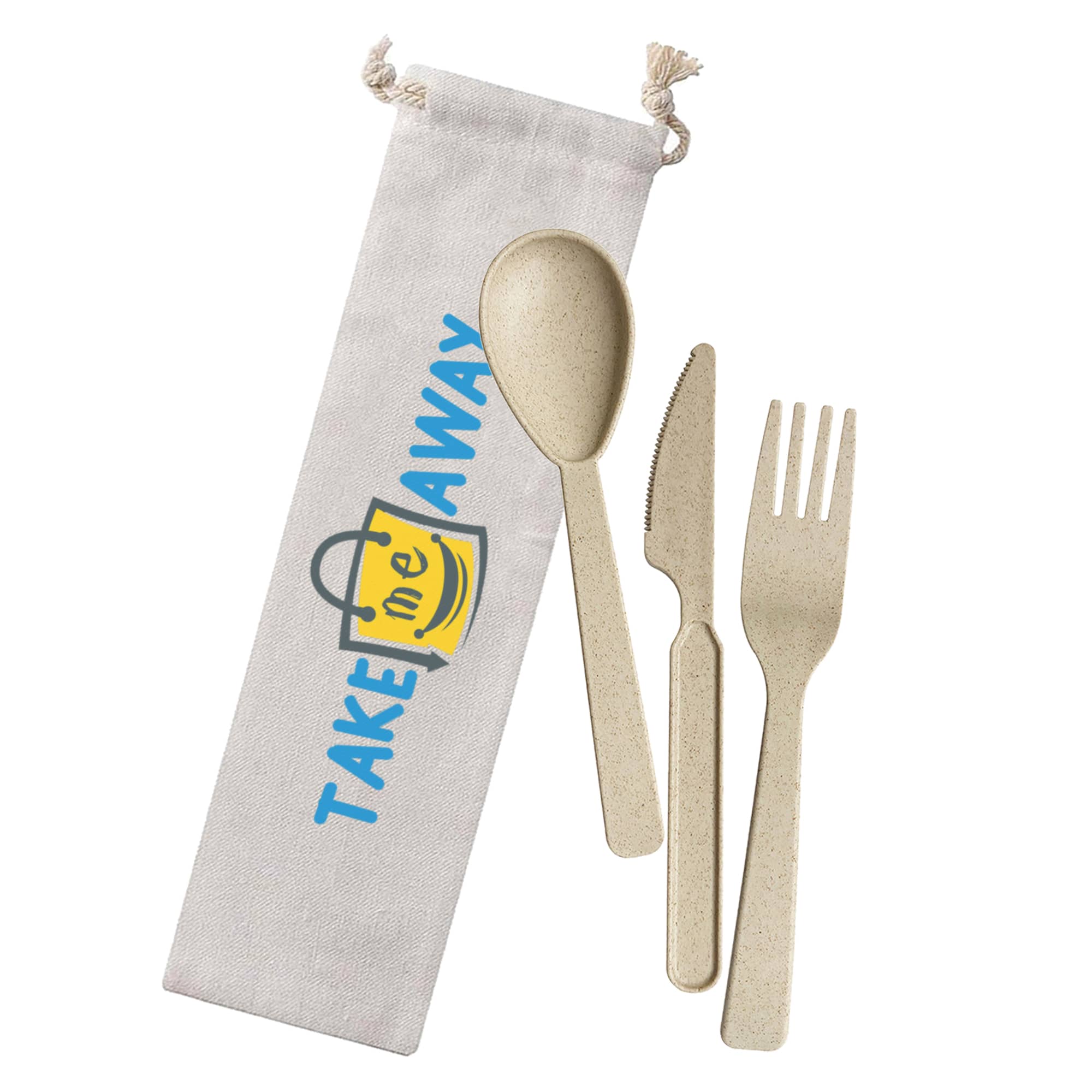 Wheat straw utensils set in a light grey pouch, featuring a spoon, fork, and knife. The pouch has a logo. Wheat Straw Utensils In Bag - Image 1