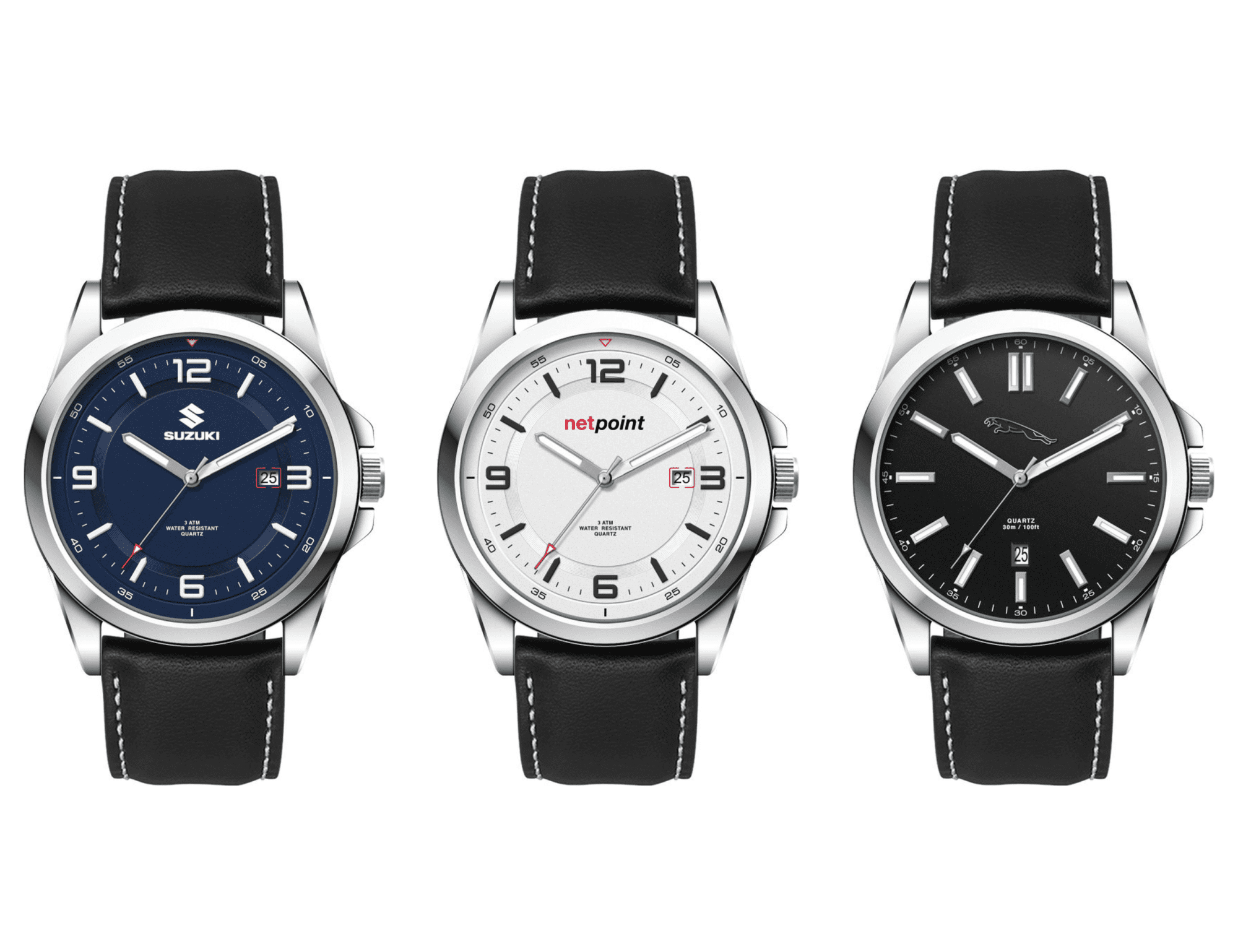 A casual unisex watch collection featuring leather straps, silver cases, and dials in blue, white, and black. Casual Unisex Watch, Leather Strap - Image 1