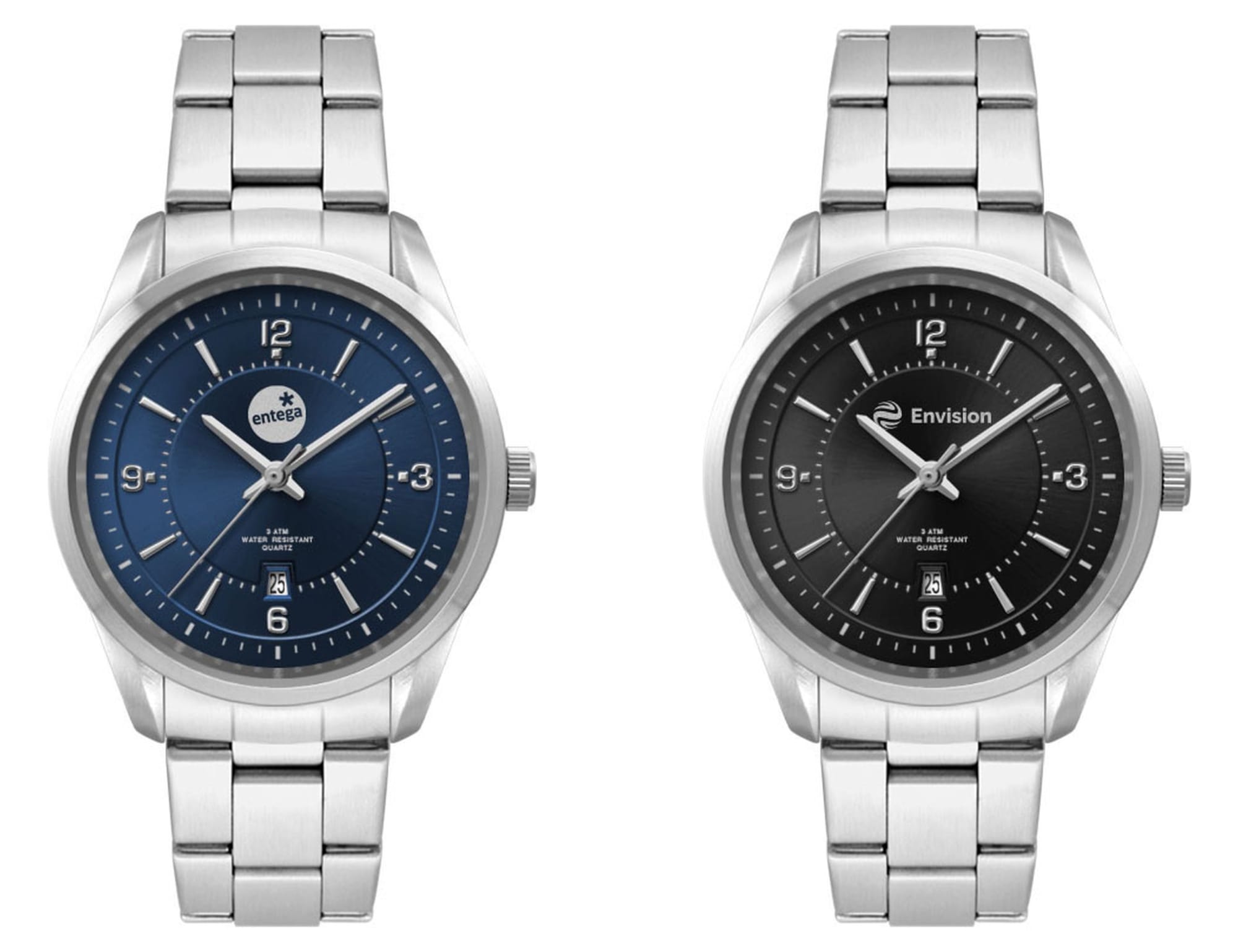 Two stainless steel strap watches featuring a blue dial and a black dial, both with numeric markers and a date display. Ladies Casual Dress Watch, Stainless Steel Strap - Image 1
