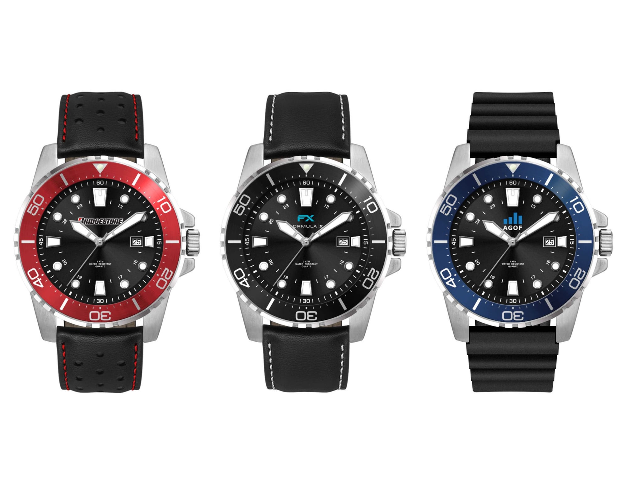 A collection of three sports watches featuring leather and silicone straps, with red, black, and blue accents. Sports Watch, Leather or Silicone Strap - Image 1